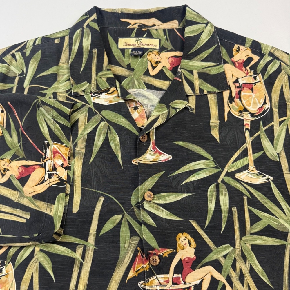 Tommy Bahama Camp Shirt Mens Lg Black Pin-Up Girl Martini Silk Button Up‎ Retro